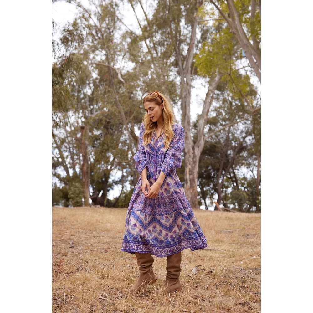 Blue Boheme Kayla Printed Long Dress with‎ Tassels Liberty Blue 100% Cotton S/M